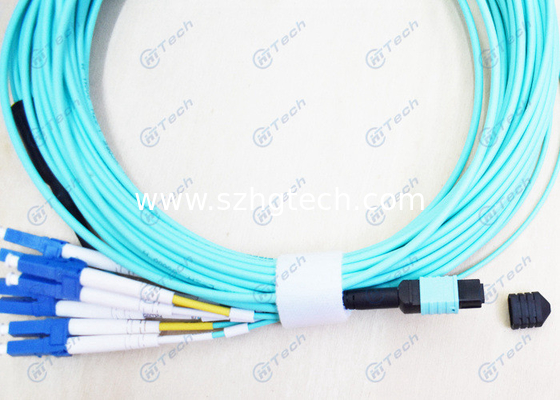 8 Cores OM3 Fiber Patch Cables , MPO To LC Cable Aqua Color Inner Ceramic Ferrule